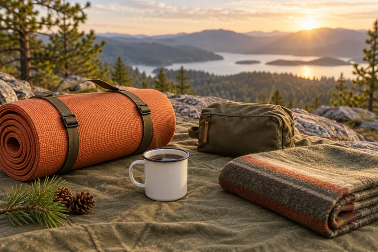 A compact selection of camping supplies arranged on olive canvas.